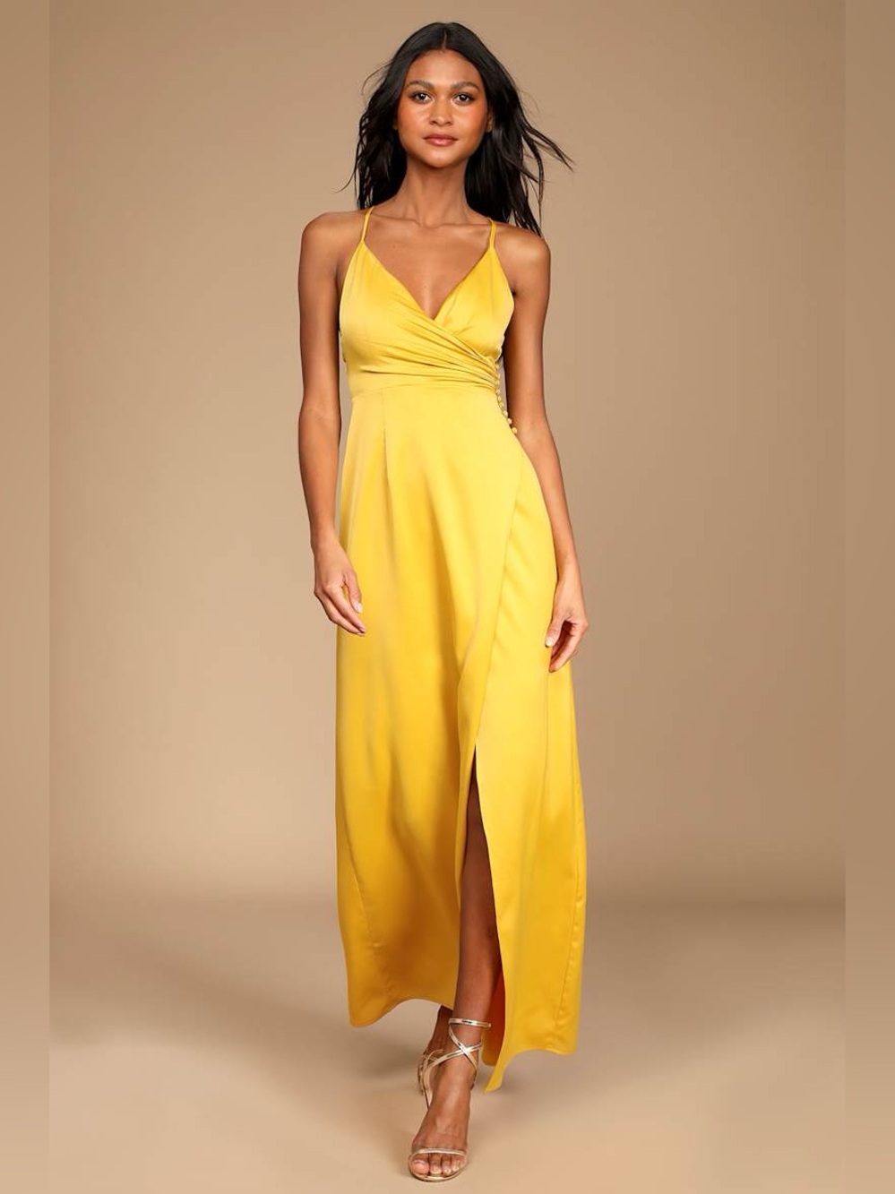 🆕(NWT) LULUs Outstanding Elegance Mustard Yellow Satin Surplice Maxi Dress. XL